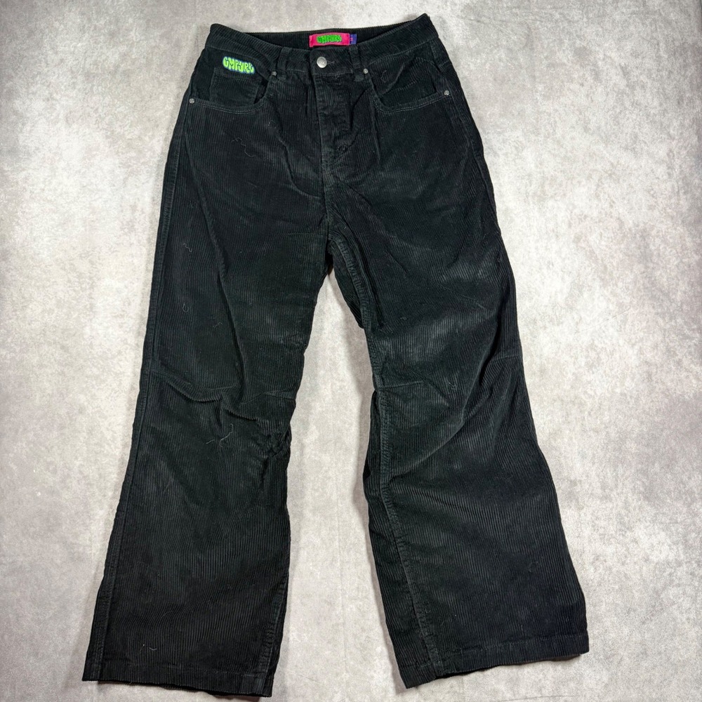 Empyre Women Black Corduroy Baggy Wide Leg Pants Size 2 Green Logo Skater Goth